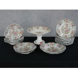 An early 20th century English porcelain part dessert service decorated with central panel of Chinese