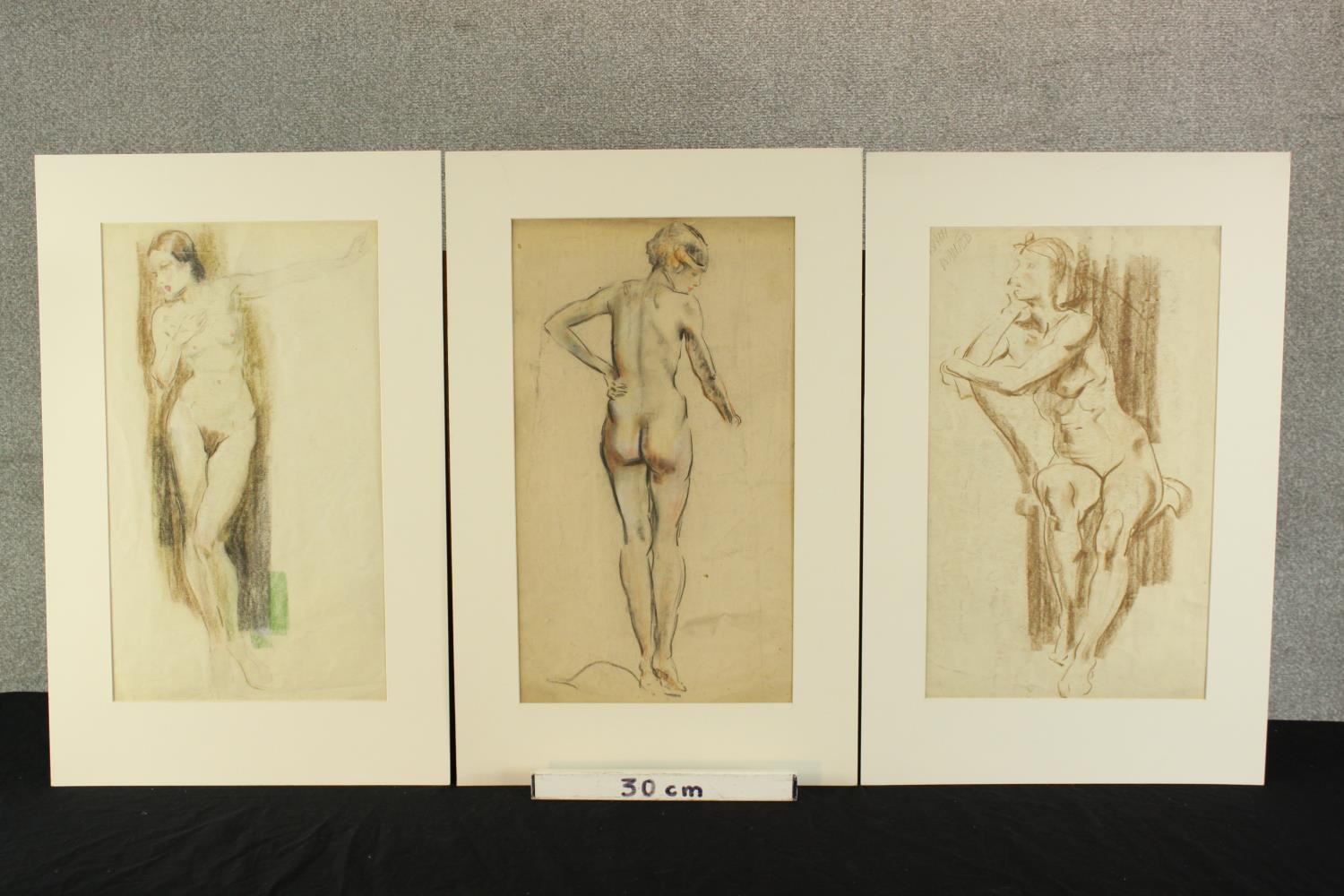 Late 19th/early 20th century, three nude pencil drawings of females, each on paper and unframed. H. - Image 2 of 3