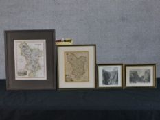 Two framed late 18th/early 19th century coloured maps of Derbyshire, together with two framed