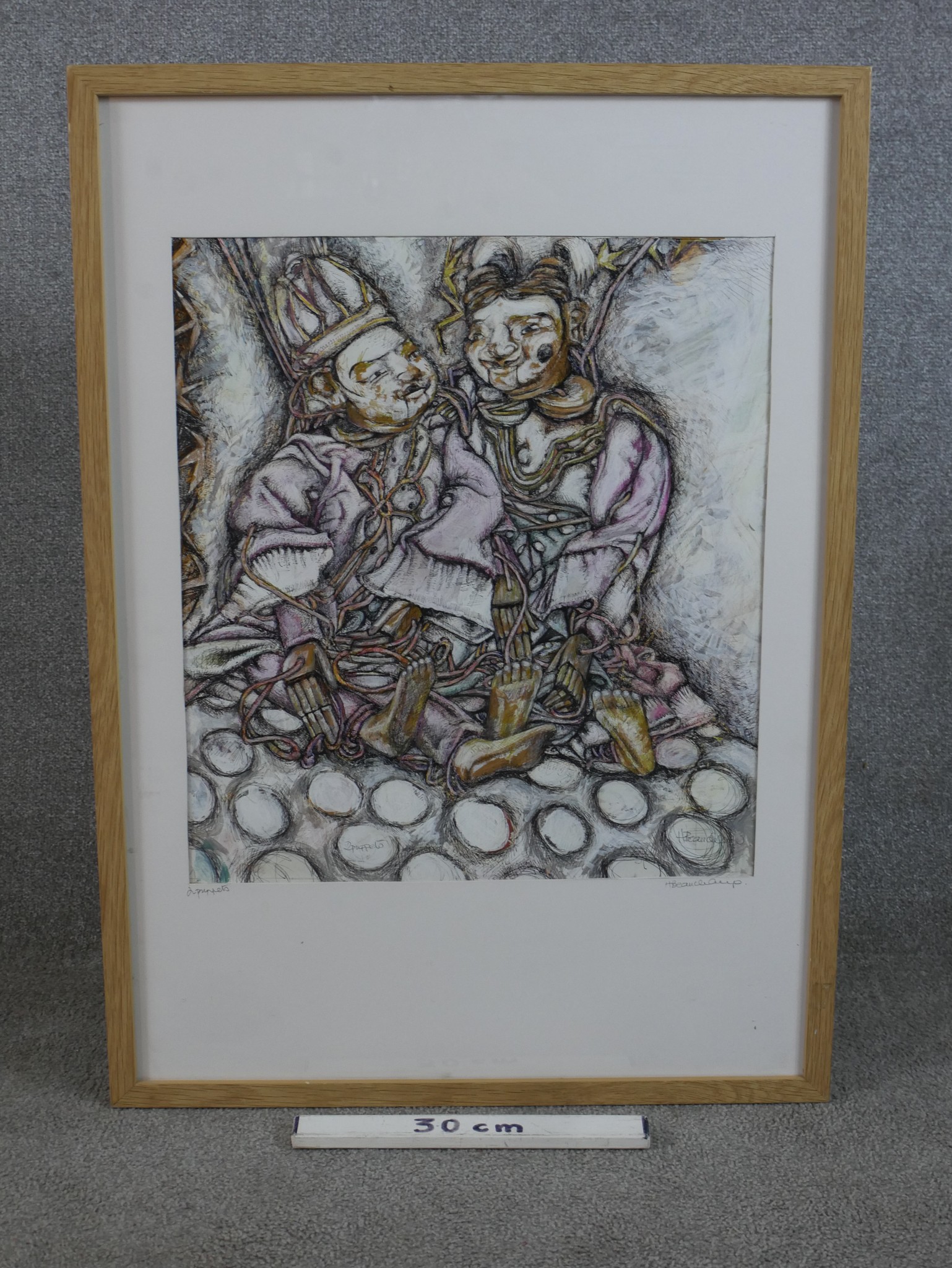 Hilary Beauchamp (Contemporary) 2 Puppets mixed media on paper, pencil signed and framed. H.88 W. - Image 3 of 6
