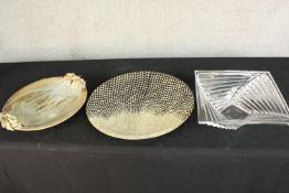 Two contemporary studio pottery bowls together with a modernist clear glass stepped glass diamond