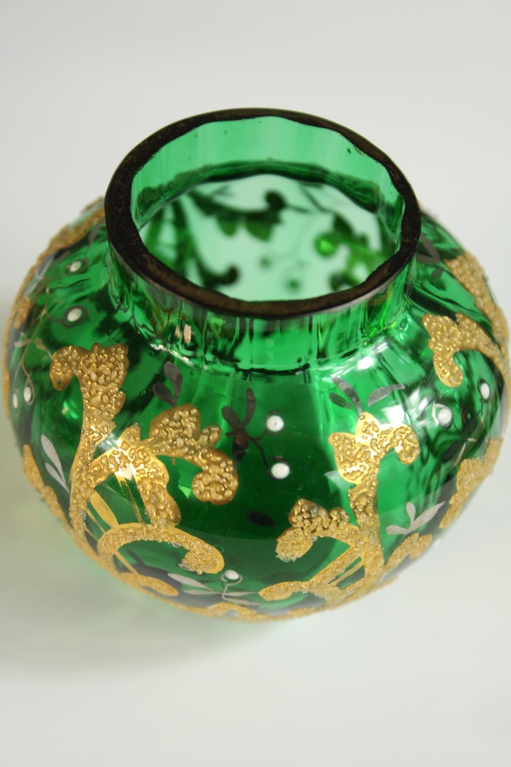 Three pieces of 20th century crackle glass, together with a green Bohemian glass and gilt painted - Image 10 of 12