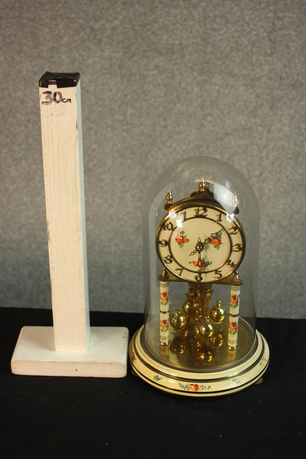 A mid 20th century brass anniversary clock, the white dial painted with floral panel and Arabic - Image 2 of 4