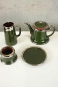 A 20th century, possibly French four piece painted pottery coffee set. H.17 W.8 D.13cm. (largest)