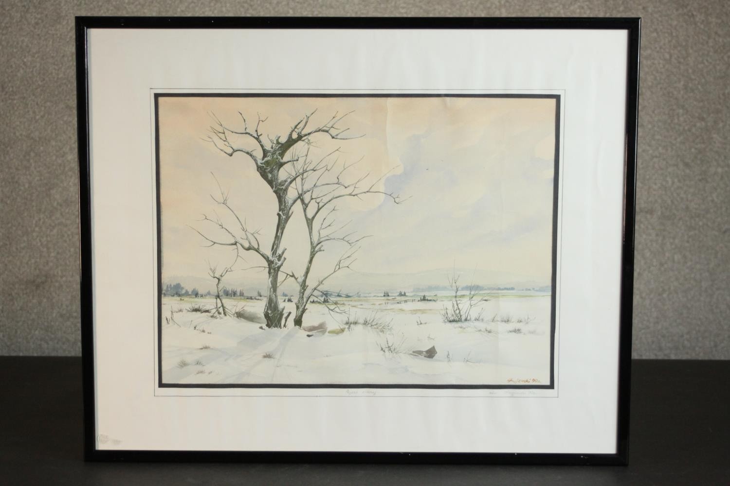 Jacek Stryjewski, watercolour of snowy landscape, signed and dated in pencil to mount. H.52 W.63. - Image 2 of 6