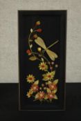 A mid 20th century Russian 3D lacquer and stone set picture of a dragonfly amongst flowers with