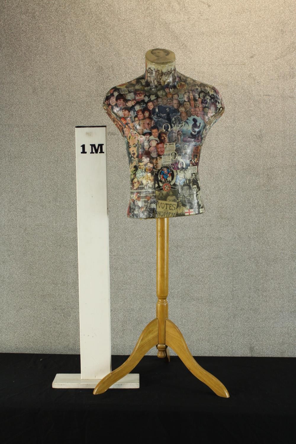 Foxy (Contemporary), a three dimensional collage mannequin with applied photographs raised on tripod - Image 2 of 7