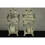 A pair of painted metal Victorian style hanging candle lanterns. H.40cm. (each)