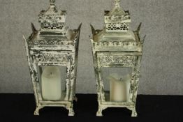 A pair of painted metal Victorian style hanging candle lanterns. H.40cm. (each)