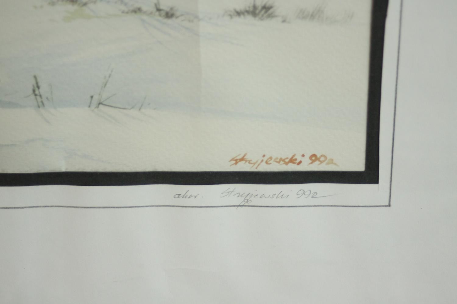 Jacek Stryjewski, watercolour of snowy landscape, signed and dated in pencil to mount. H.52 W.63. - Image 4 of 6