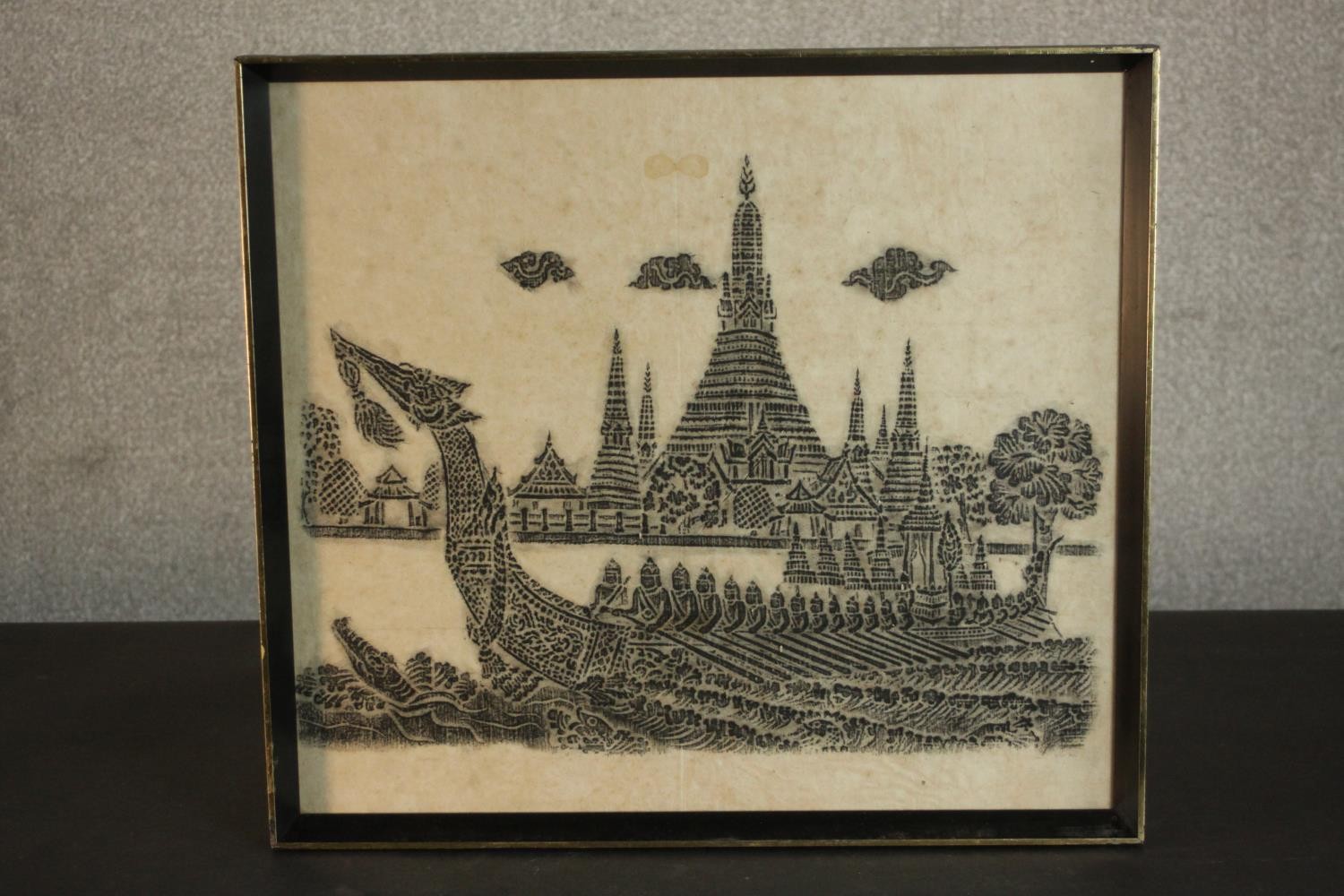 A framed and glazed Thai temple charcoal rubbing on rice paper of the Thai Royal barge sailing - Image 2 of 5