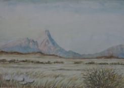 A 20th century indistinctly signed, watercolour on paper of Spitzkoppe, framed. H.39 W.47cm