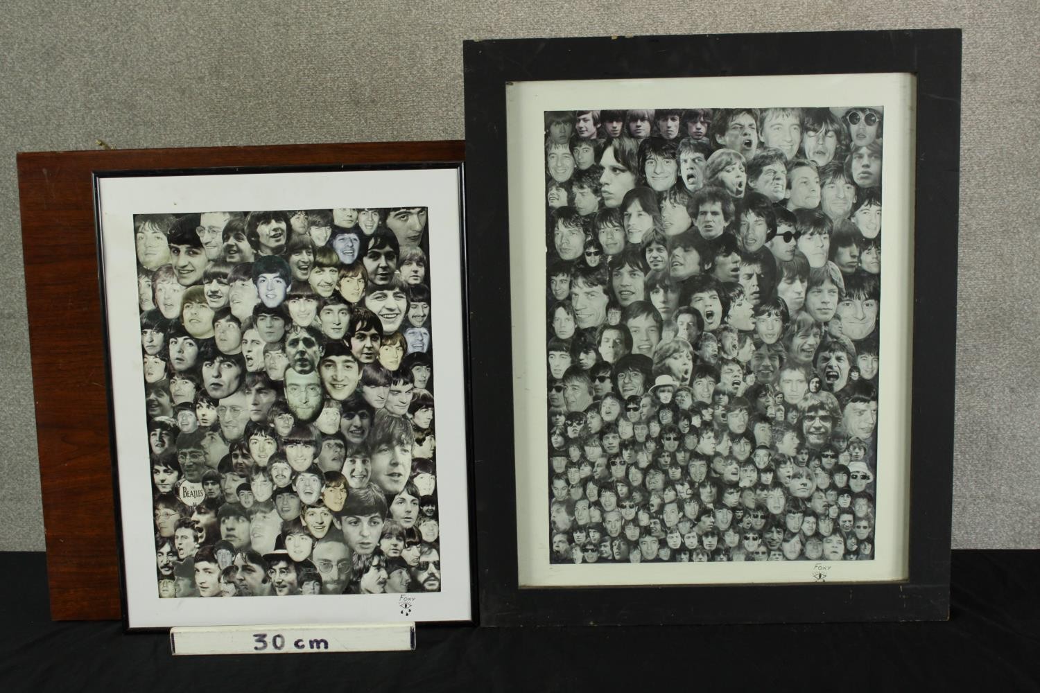 Foxy (Contemporary) two black and white collages of the Stones and Beatles, each framed and - Image 2 of 5