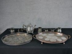 Two silver plated gallery trays, together with assorted pewter to include a part teaset and a