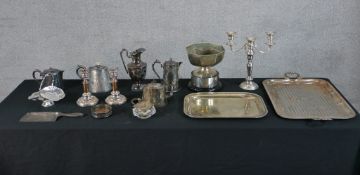 Assortment of silver plated items to include two trays, a pair of 19th century Sheffield plate