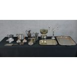 Assortment of silver plated items to include two trays, a pair of 19th century Sheffield plate