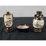 Three pieces of 20th century Japanese Satsuma porcelain vases, comprising two vases, each raised