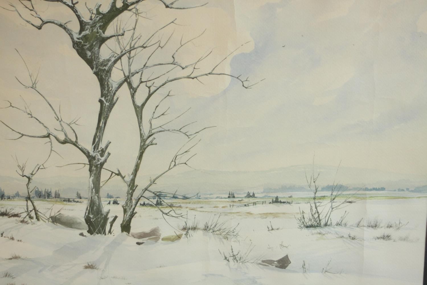 Jacek Stryjewski, watercolour of snowy landscape, signed and dated in pencil to mount. H.52 W.63.