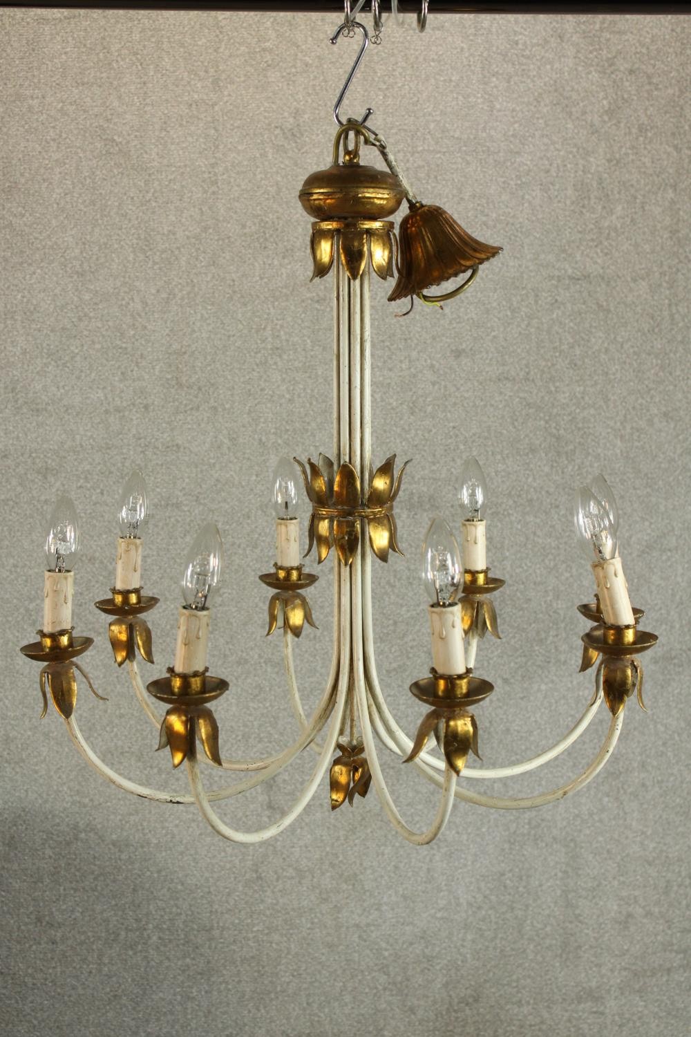 A contemporary painted metal eight branch hanging electrolier with gilt metal mounts. H.66cm. - Image 4 of 4