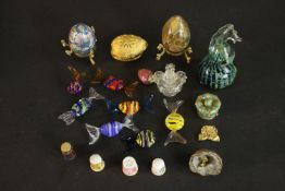 A collection of glass and other items, including eight art glass sweets, four porcelain thimbles,