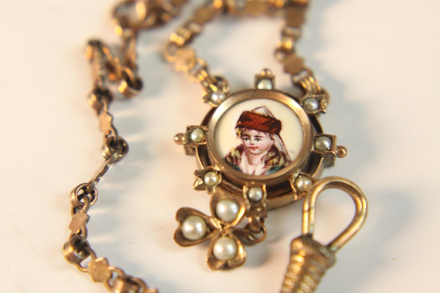 A 19th century rose gold plated watch fob, the end pendant a hand painted portrait on enamel of a - Image 7 of 7