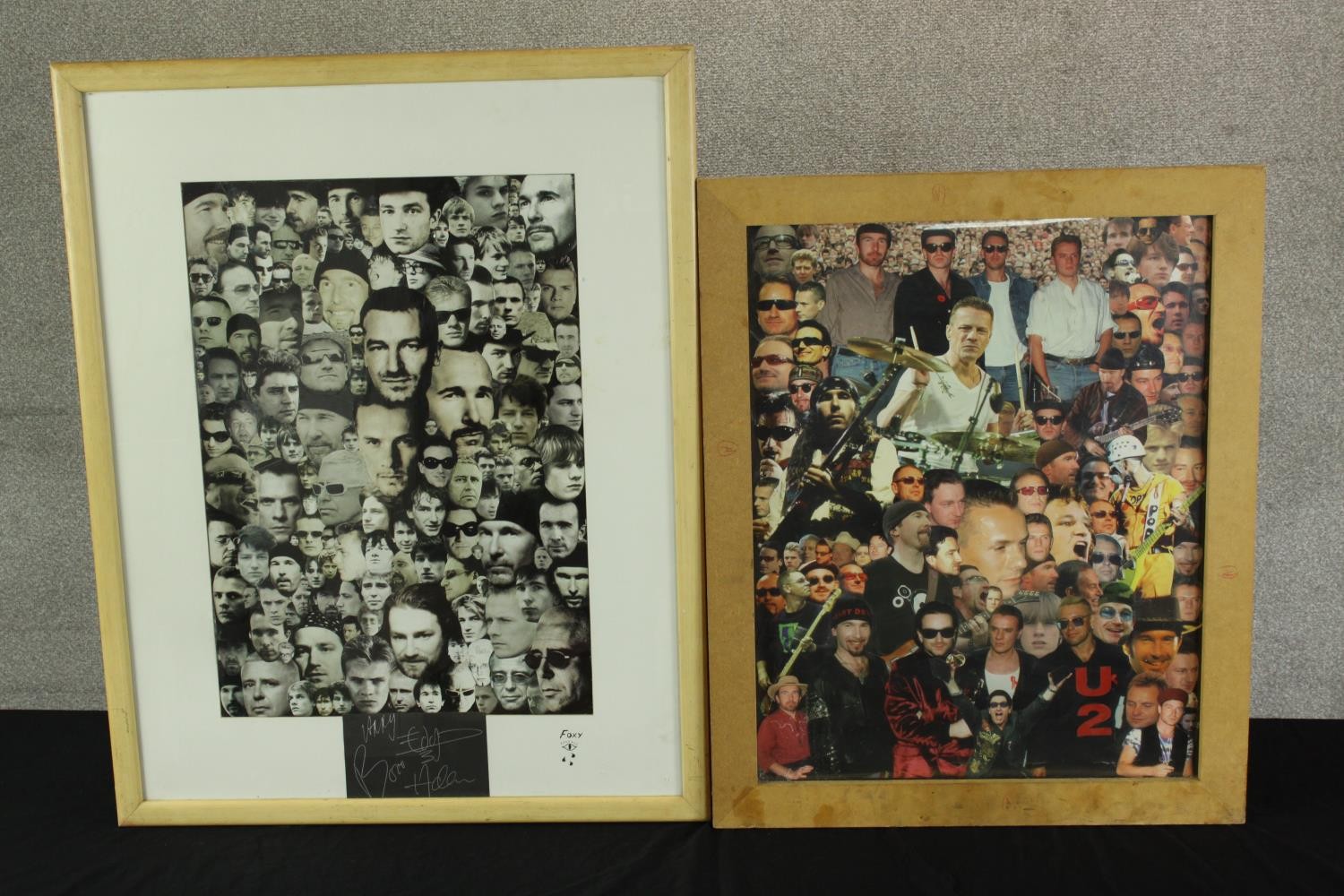 Foxy (Contemporary) two black and white collages of U2, signed and framed. H.86 W.67cm. (largest)