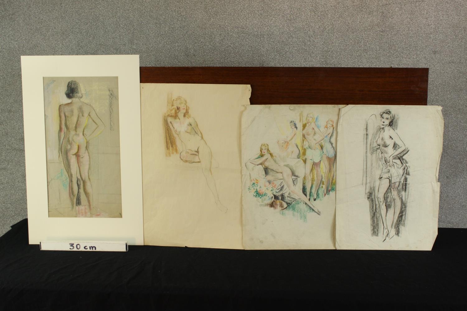 Late 19th/early 20th century, four pencil drawings and watercolours of nude females, each on - Image 2 of 2