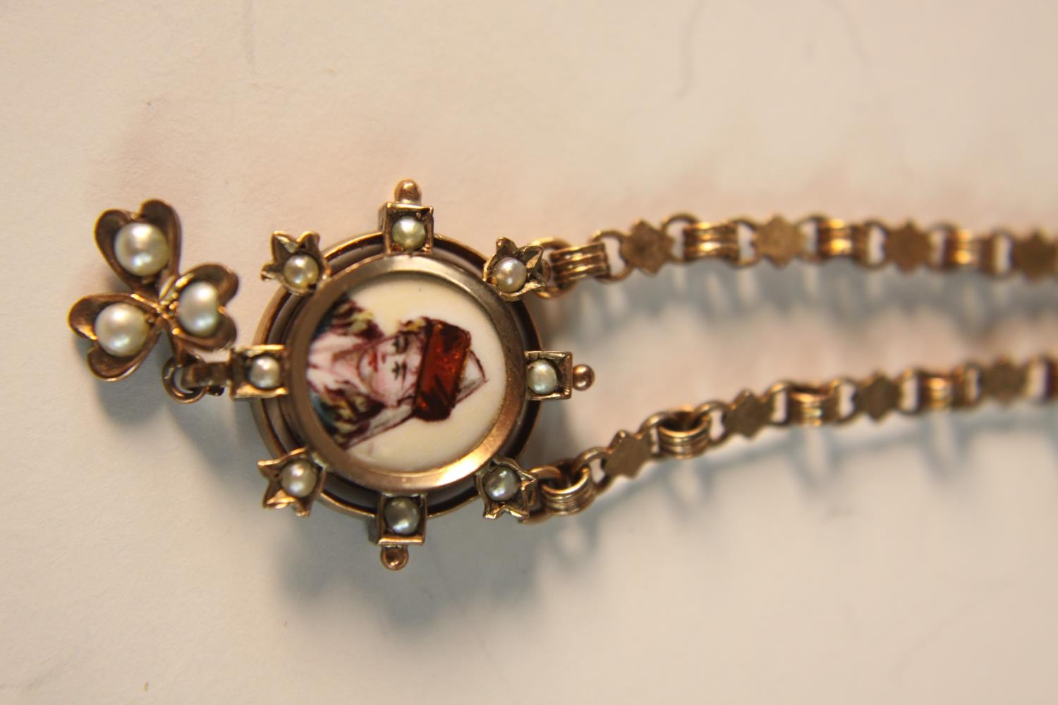 A 19th century rose gold plated watch fob, the end pendant a hand painted portrait on enamel of a - Image 4 of 7