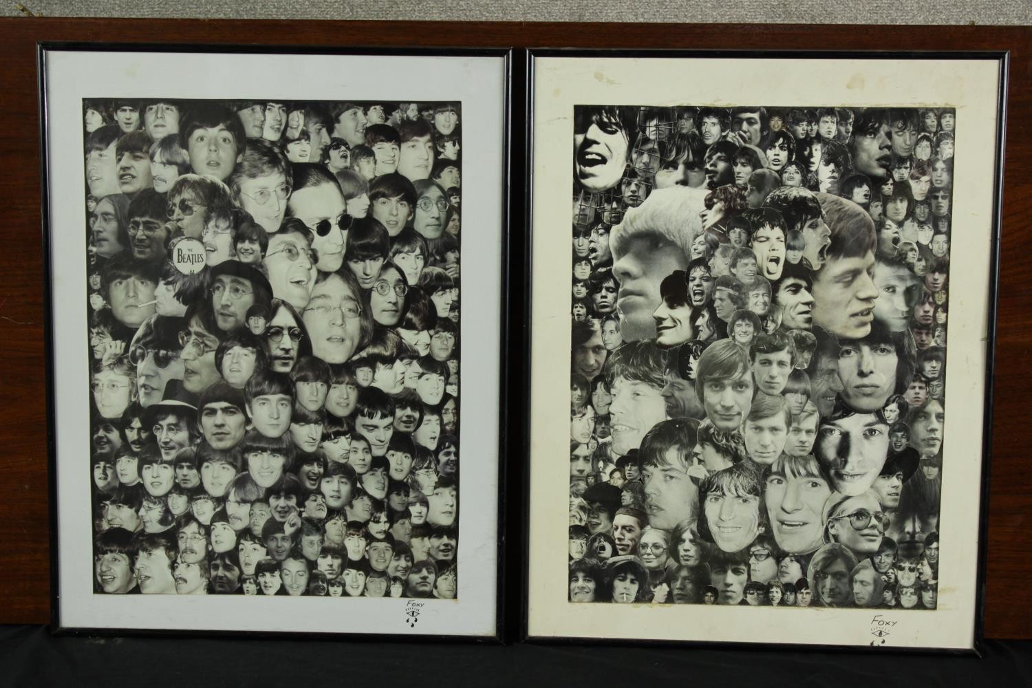 Foxy (Contemporary) two black and white collages of the Rolling Stones and Beatles, each signed. H.