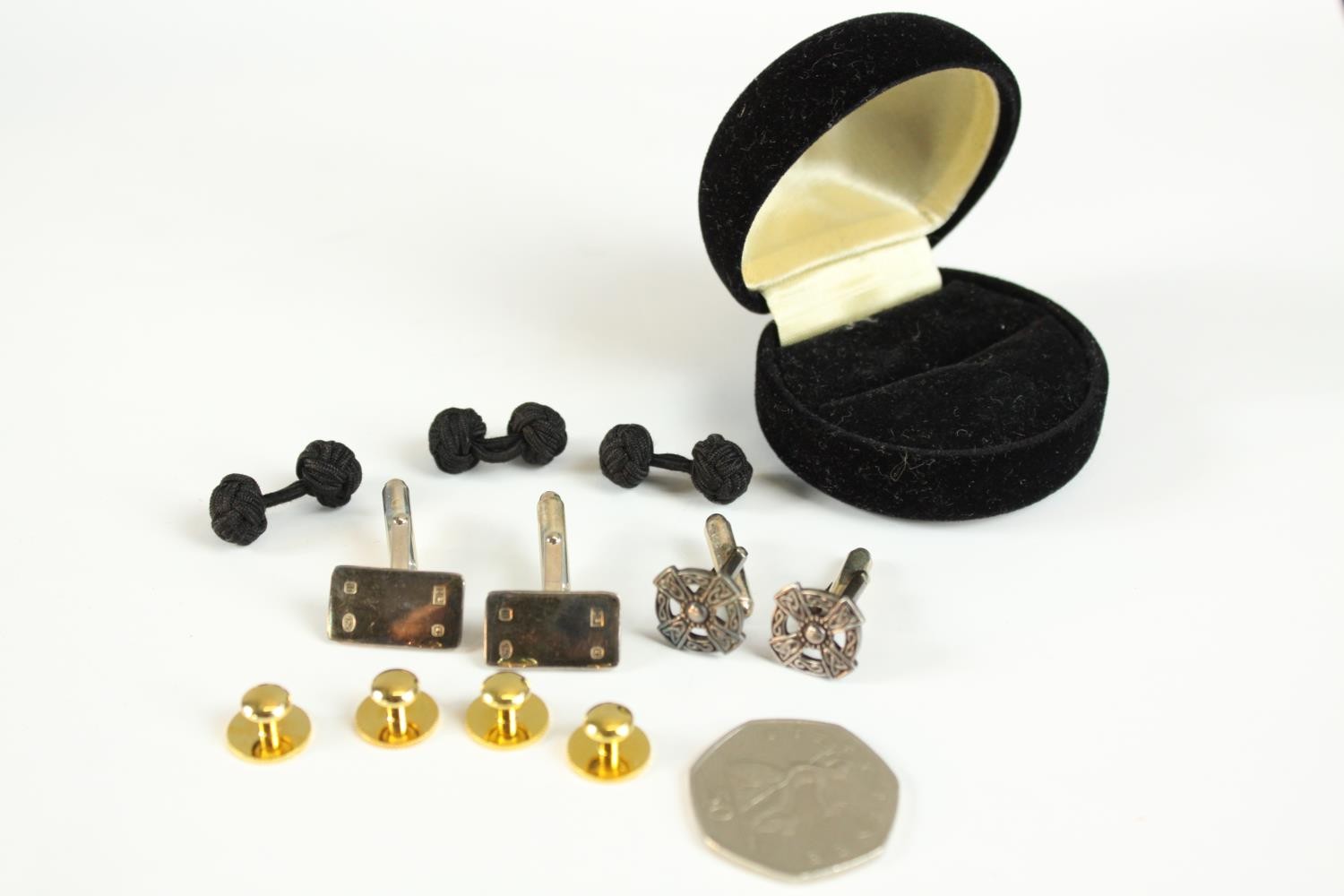 A collection of cufflinks, including two pairs of silver cufflinks one in the form of a Celtic - Image 3 of 7