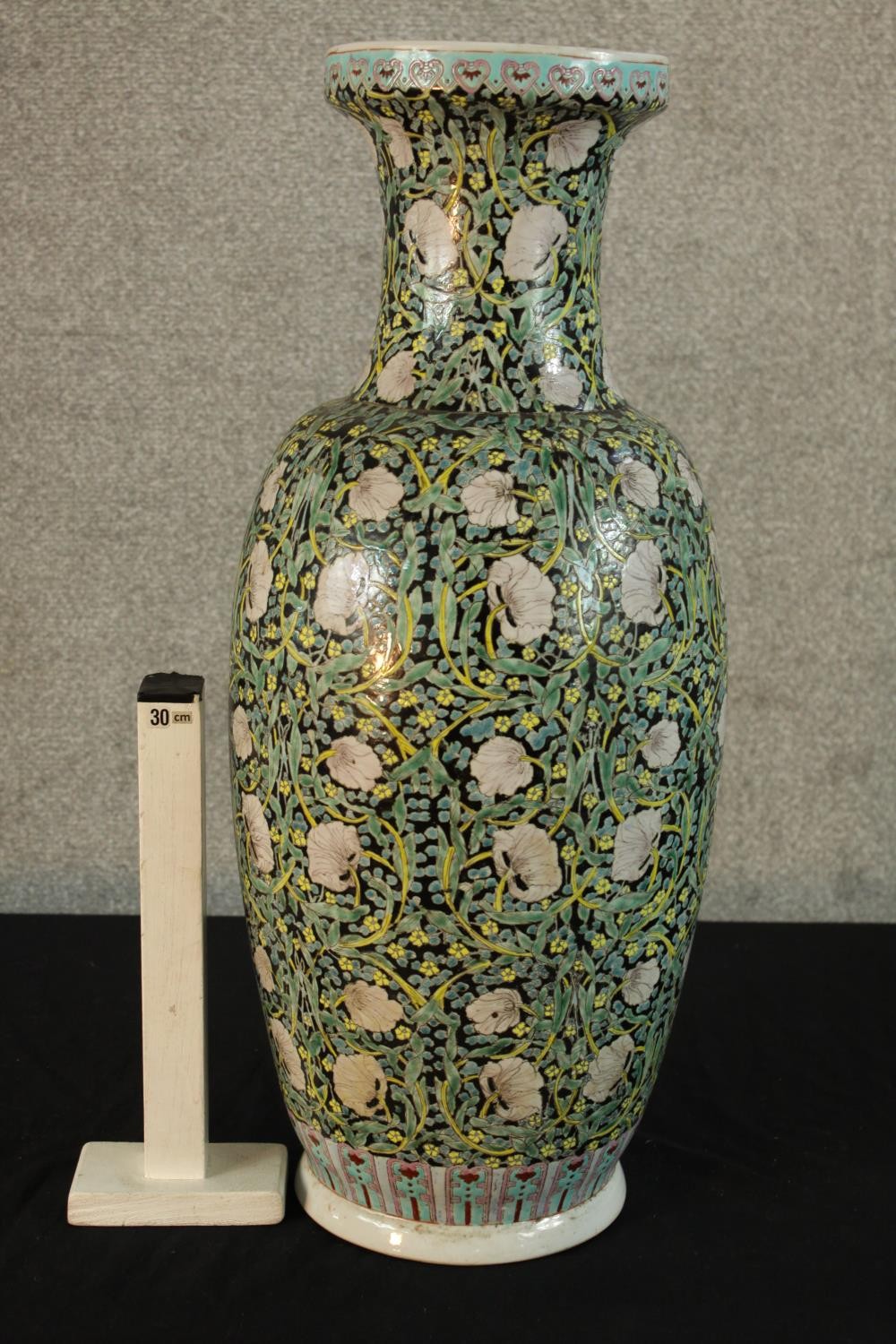 A late 19th century Chinese Famille Noire porcelain baluster vase, with floral decoration, six - Image 2 of 3