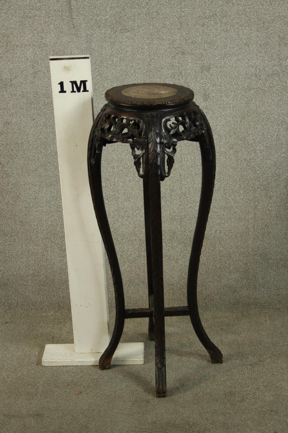 A 19th/early 20th century carved Chinese hardwood and marble plant stand raised on four curved - Image 2 of 2