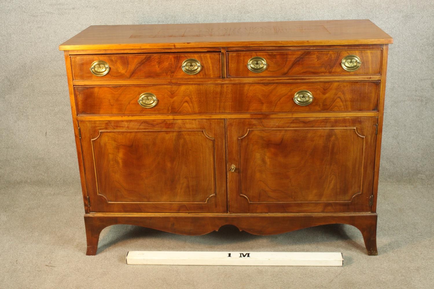 A Georgian style two short over one long drawer with twin cabinet doors below raised on shaped - Image 2 of 5