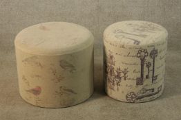Two contemporary upholstered cylindrical footstools. H.40cm. (each)