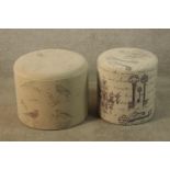 Two contemporary upholstered cylindrical footstools. H.40cm. (each)