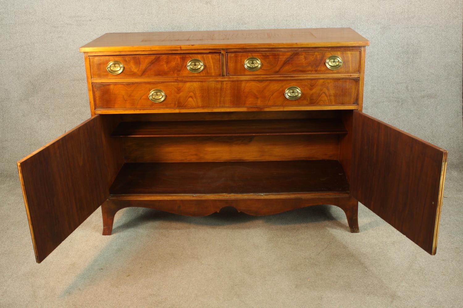 A Georgian style two short over one long drawer with twin cabinet doors below raised on shaped - Image 5 of 5