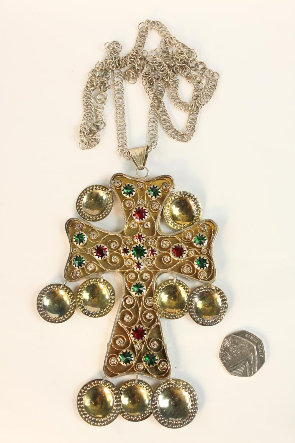 A boxed large statement Swedish silver gilt red and green paste stone set cross on silver chain. - Image 2 of 15