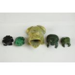 Five carved stone frogs, including Malachite, slate and jade. H.7cm. (largest)