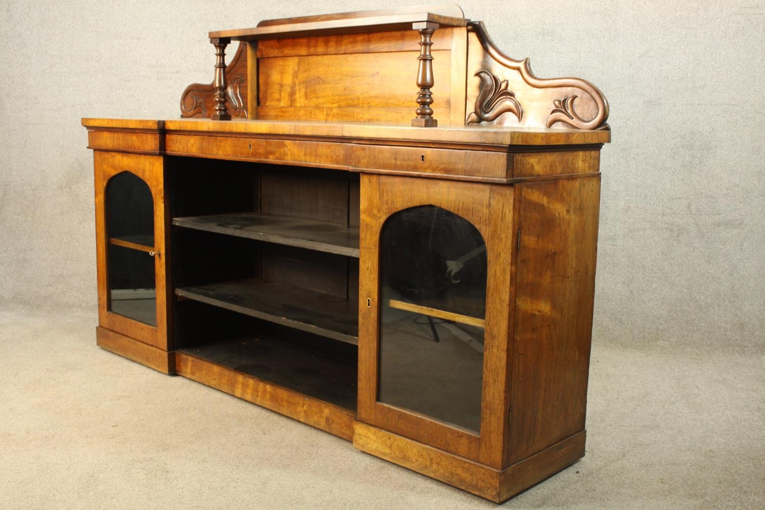 A 19th century walnut twin pedestal sideboard, each pedestal with single glazed door raised on - Image 3 of 5