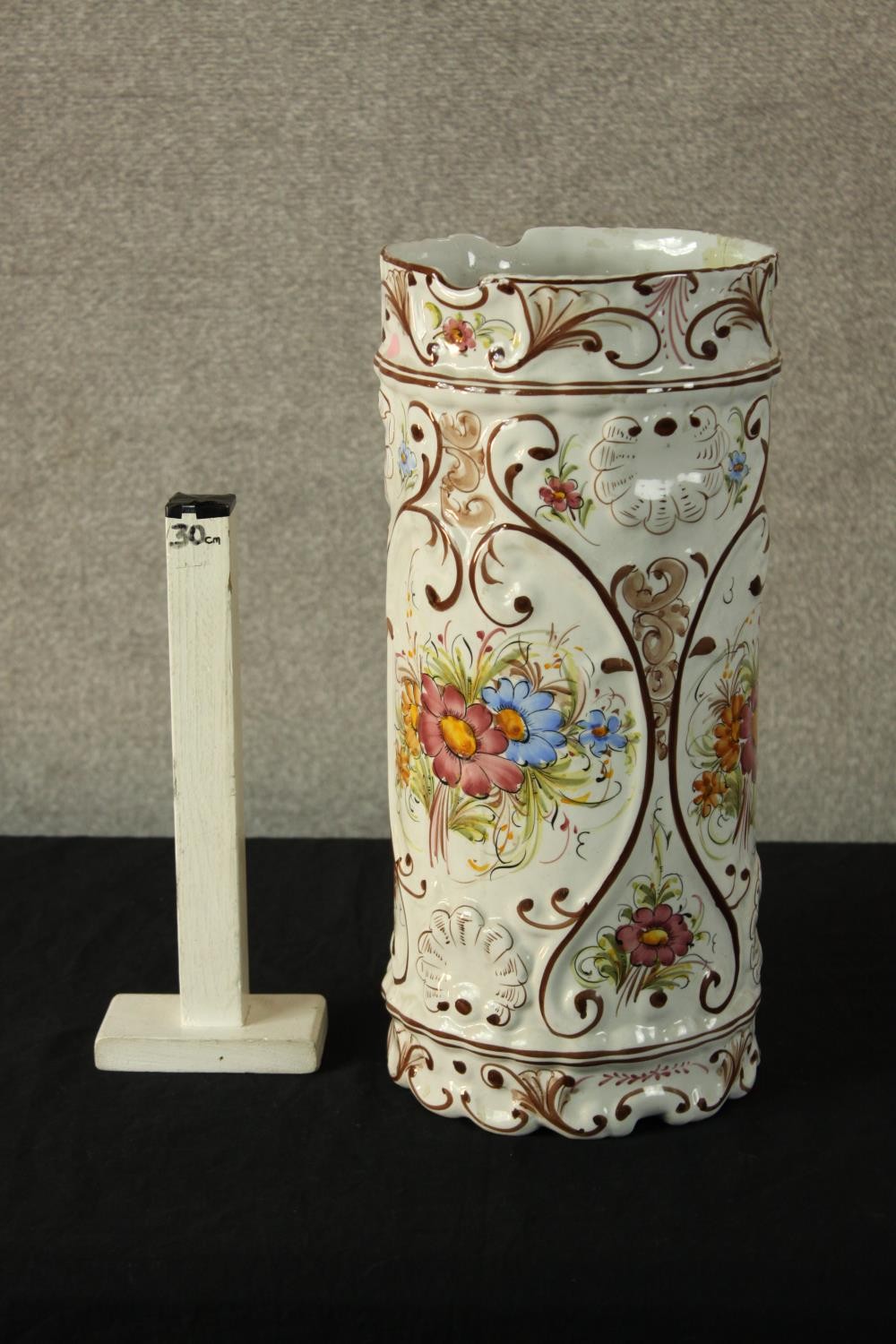 A contemporary Portuguese tin glazed faience cylindrical stick stand decorated with sprays of - Image 2 of 6