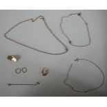 A collection of gold jewellery, including a 9ct engine turn decorated chain link cufflink, a pair of