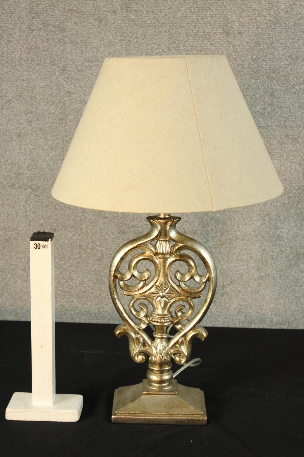 A contemporary Italian silver painted carved and pierced hardwood table lamp raised on rectangular - Image 2 of 2