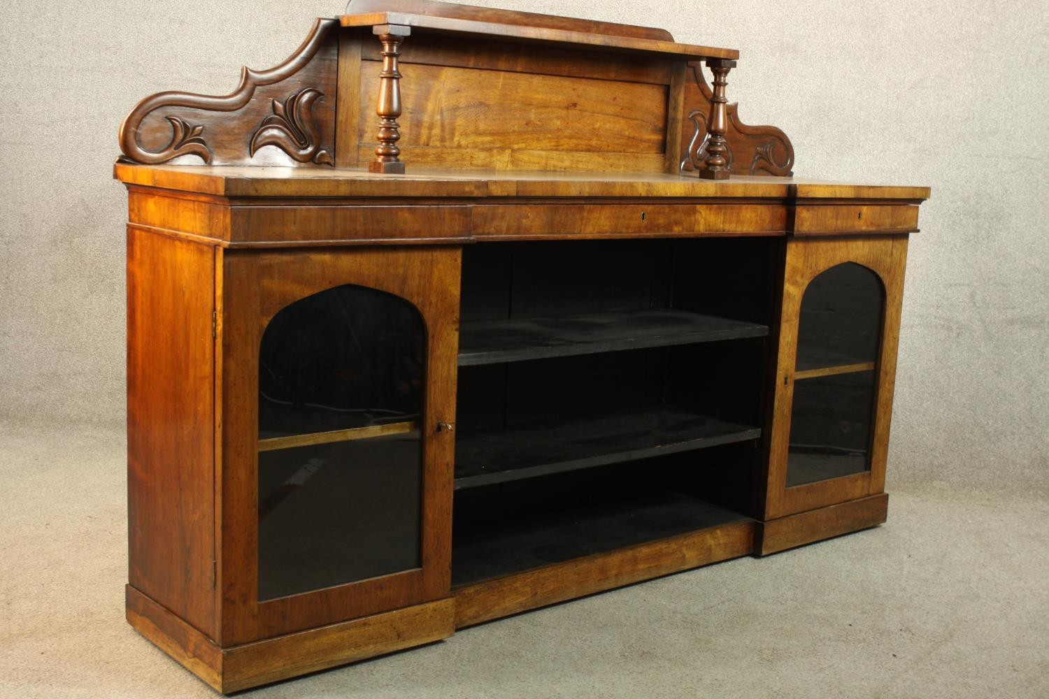 A 19th century walnut twin pedestal sideboard, each pedestal with single glazed door raised on - Image 4 of 5