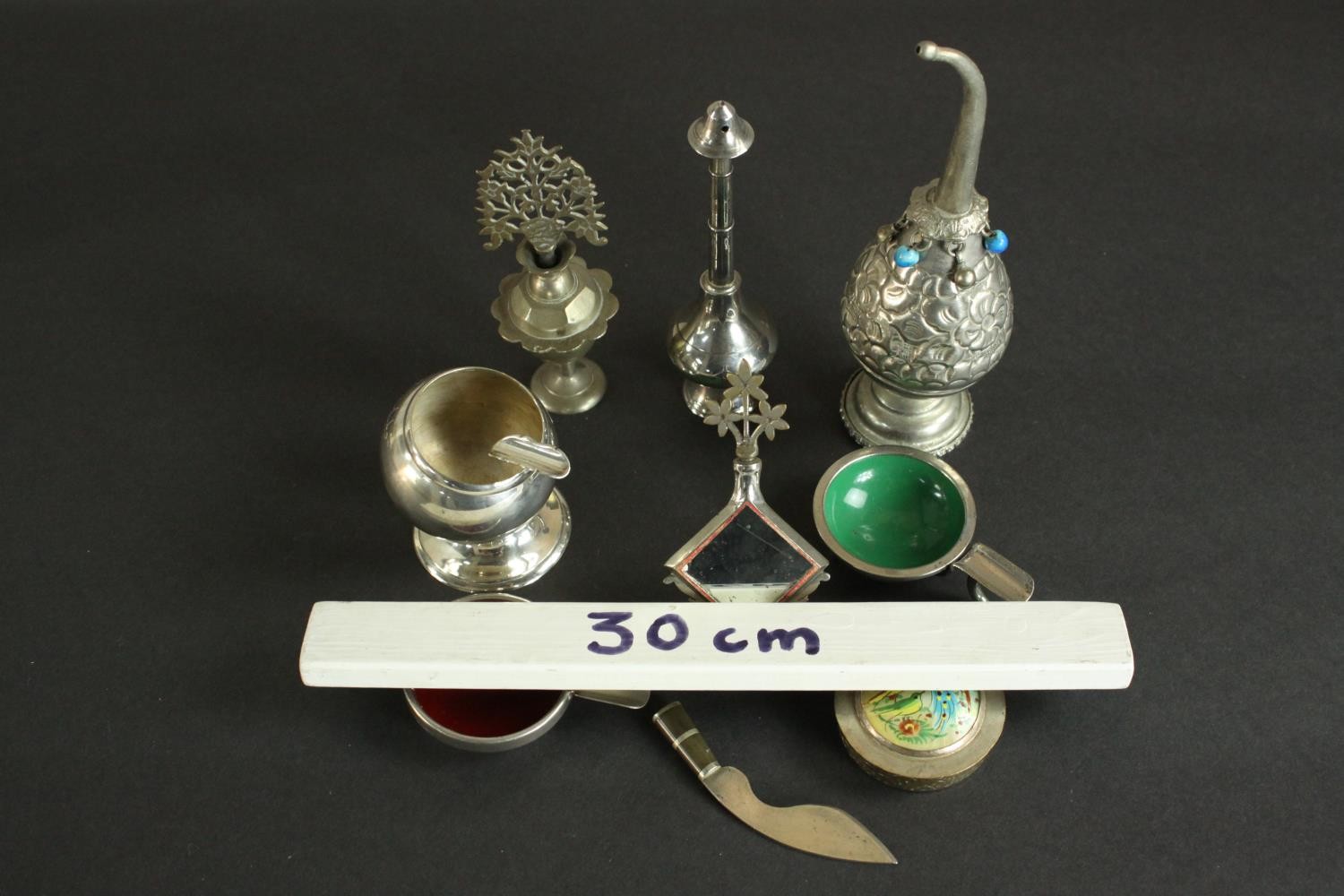 A collection of Indian an Oriental items, including two rose water sprinklers, three silver plated - Image 2 of 9