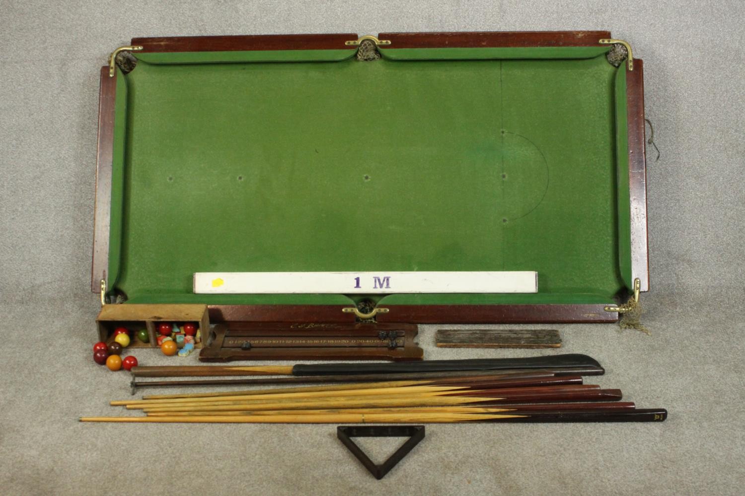 E J Riley Ltd slate bed table top snooker table, with two score boards, six cues and rest and - Image 2 of 11