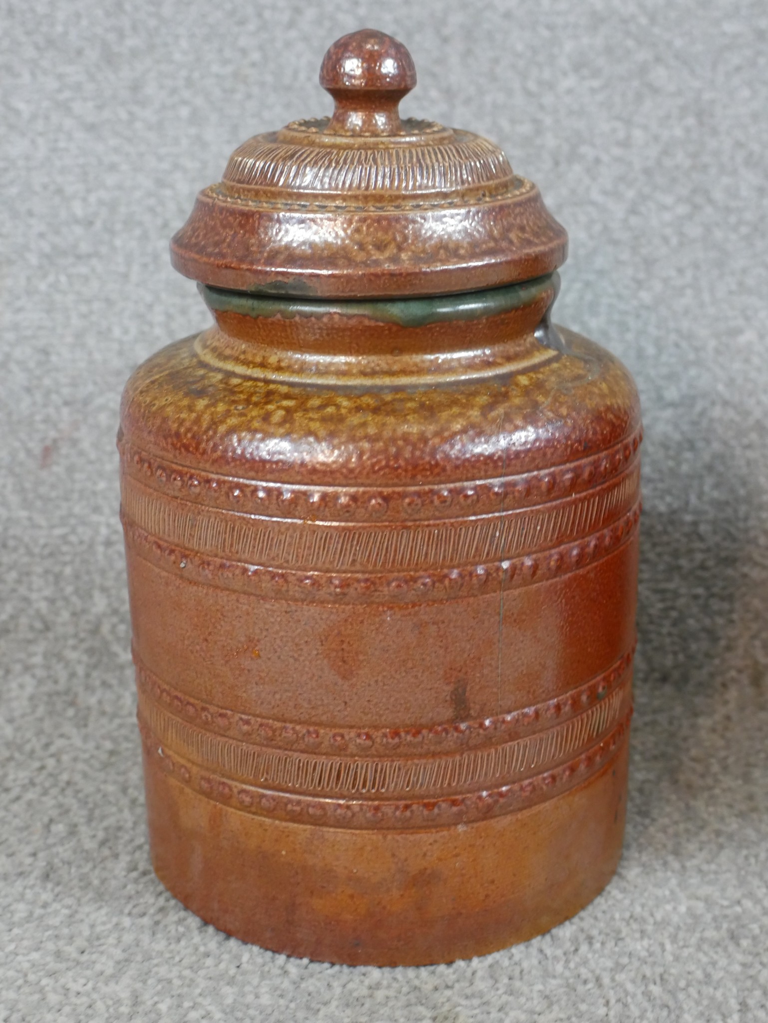 Three 19th century salt glaze Campos Filhos Aveiro pottery lidded storage jars and a similar bottle. - Image 2 of 7
