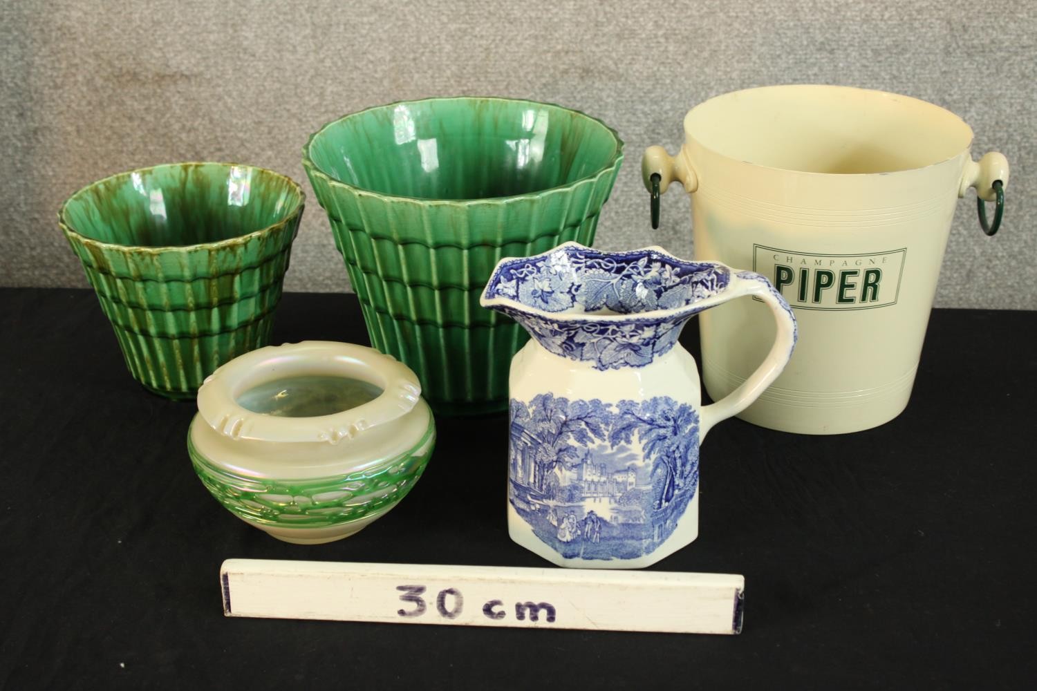 An Art Nouveau Leotz style glass vase, together with a blue and white pottery jug, together with a - Image 2 of 2