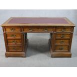 An late 19th/early 20th century oak twin pedestal desk. the central drawer flanked by two