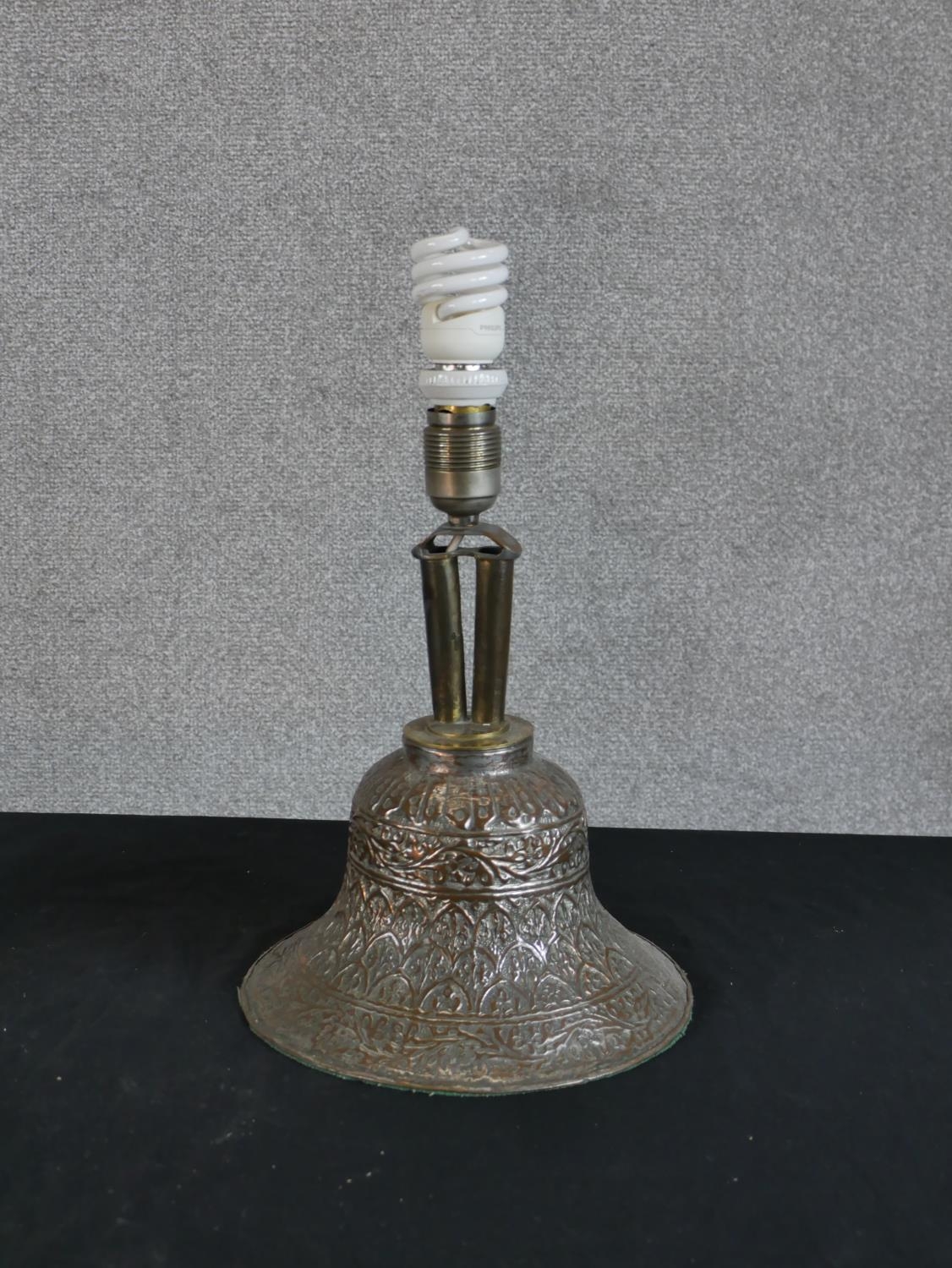 A 20th century cast brass hookah lamp base, together with a 20th century North Iraqi copper lamp H. - Image 3 of 4