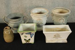 A pair of 20th century painted pottery urn planters together with four other various planters. H.